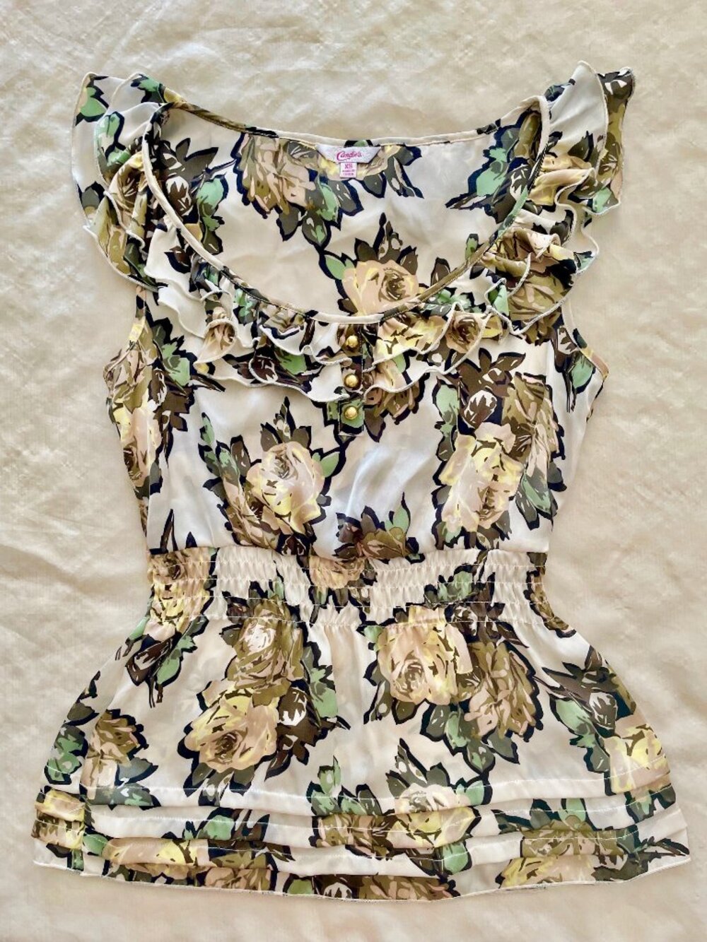 CANDIE'S BEIGE FLORAL ROSES RUFFLE SLEEVELESS DRESS SHIRT TOP BLOUSE CANDIES XS - Picture 8 of 12